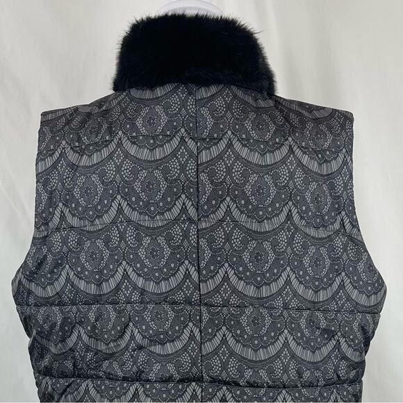 Tribal Black & Gray Lace Print Faux Fur Women's Puffer Vest NWOT Size L - Picture 5 of 12